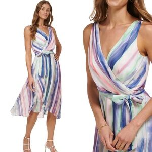 Dkny Blue and Pink Faux-Wrap Sundress Medium (#246)